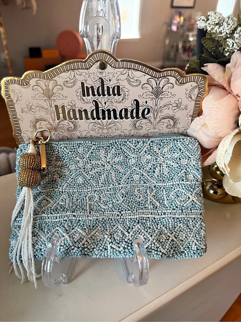 NWT Handmade Beaded Clutch featuring Tassel Detail in Pale Blue & White
